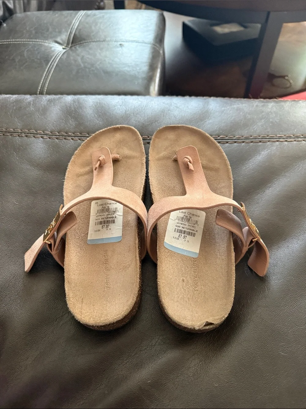 Tory Burch Dusty Pink Suede Toe-Post Sandals with Gold Logo Buckle